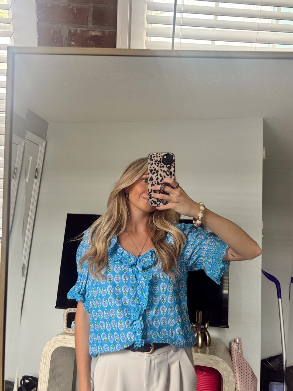 J Crew Eyelet Ruffle Front Top - Mountain Bluebird